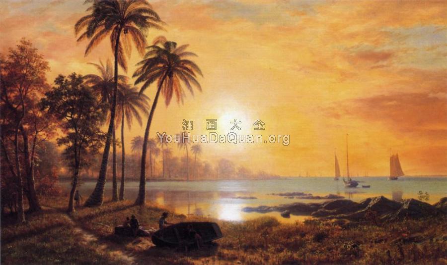 Tropical Landscape with Fishing Boats in Bay - 阿尔伯特·比尔施塔特